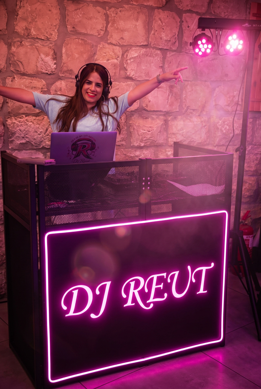 דיג'יי רעות מתקלטת באירוע מאחורי עמדת DJ עם תאורה ורודה זוהרת